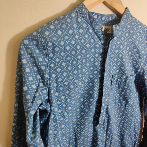 MADEWELL Blue & White Long Sleeve Diamond Print Thick Denim Blouse Shirt S - Picture 3 of 12